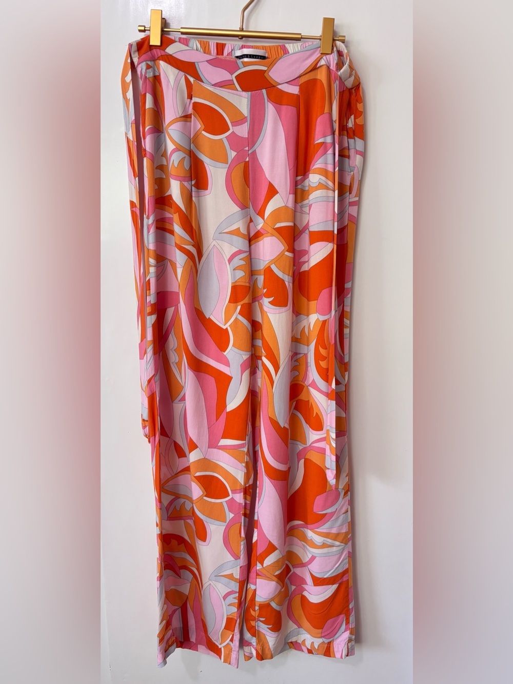 JL| Wide Leg Tie-Waist Lightweight Pants in Orange & Pink Retro 70s Print Sz M - Picture 2 of 8